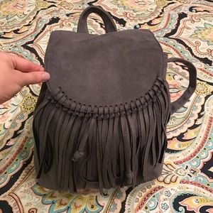 Grey Mini Suede-Like Backpack with Fringe