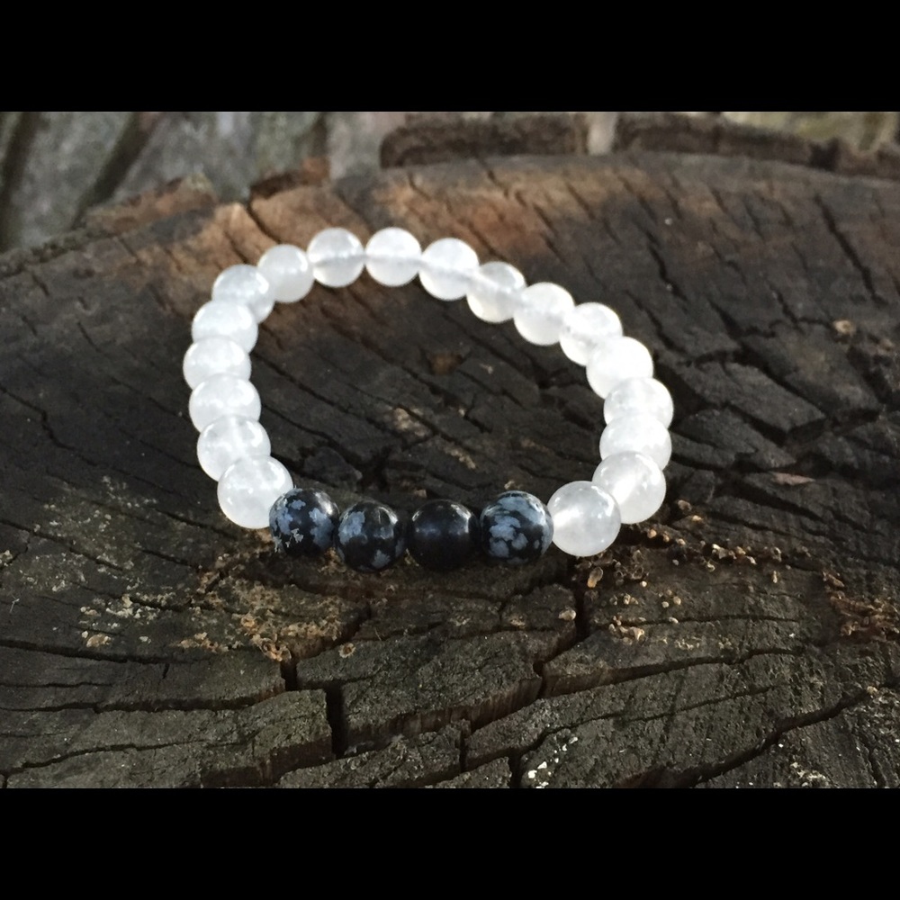 8mm White jade and snowflake obsidian beads