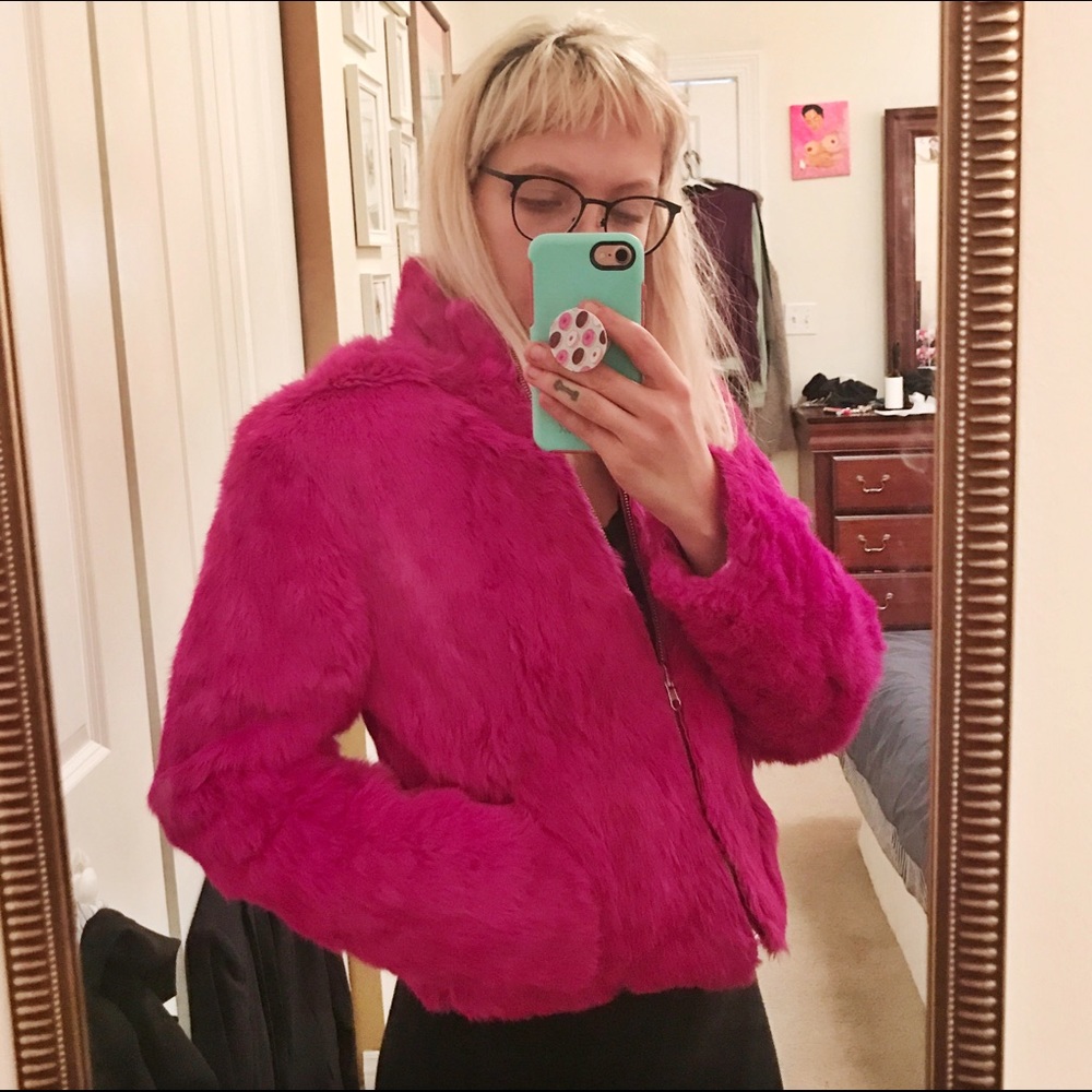 Reversible pink fur bomber jacket