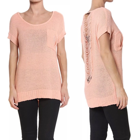 Peach Blush Open Shredded Back Loose Knit Boho Top - Picture 2 of 2