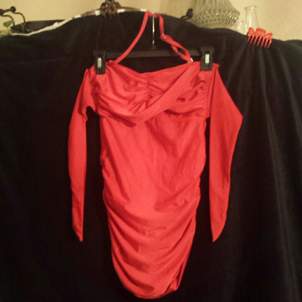 Red one piece with gathered sides