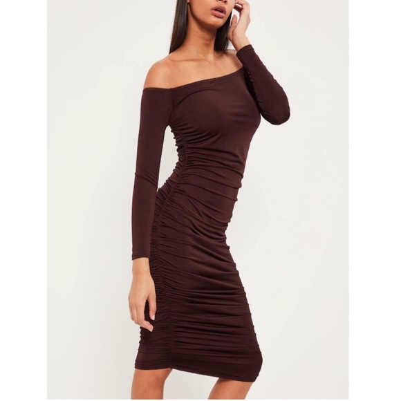 brown ruched midi dress