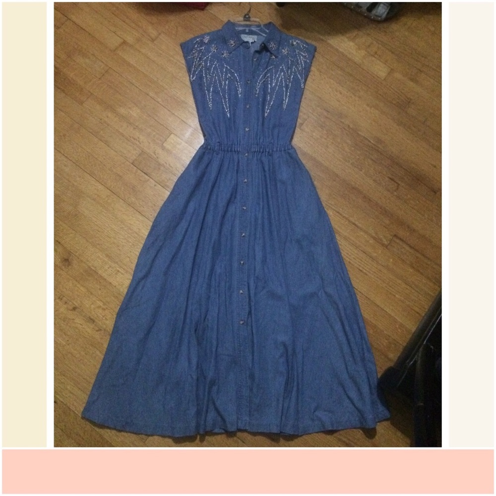 Vintage Boho Southwestern beaded Denim Maxi Dress