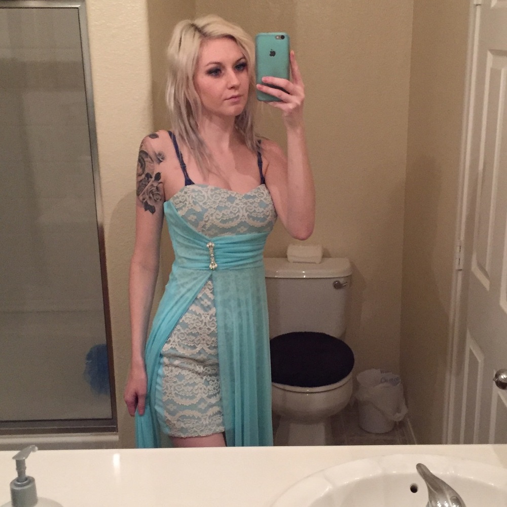 Teal / baby blue prom dress, evening gown.