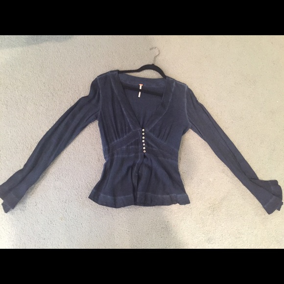 Free People long sleeve deep V blue blouse - Picture 1 of 2