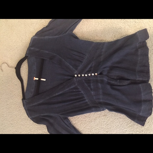 Free People long sleeve deep V blue blouse - Picture 2 of 2