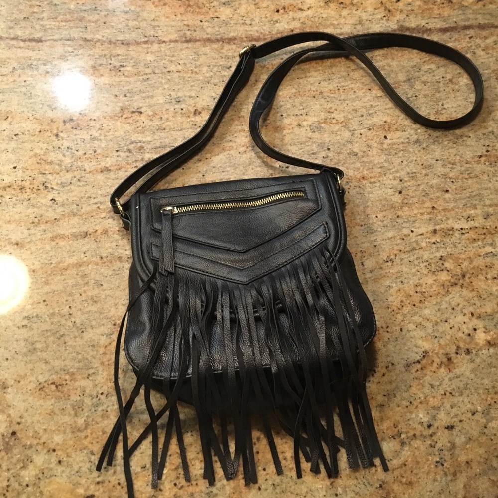 Madden Girl Black Leather Fringe Crossbody Purse