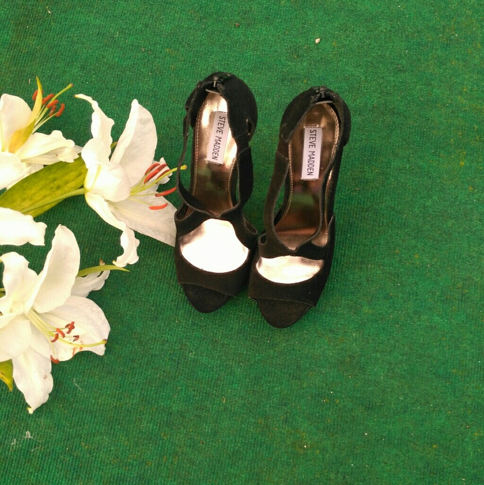 BLACK suede #stiletto open toes high heels Steve M