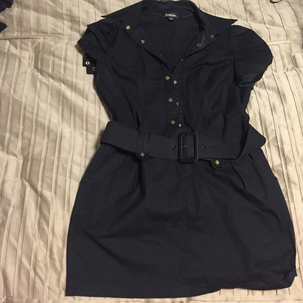 Black short BEBE dress.gold buttons & black belt.