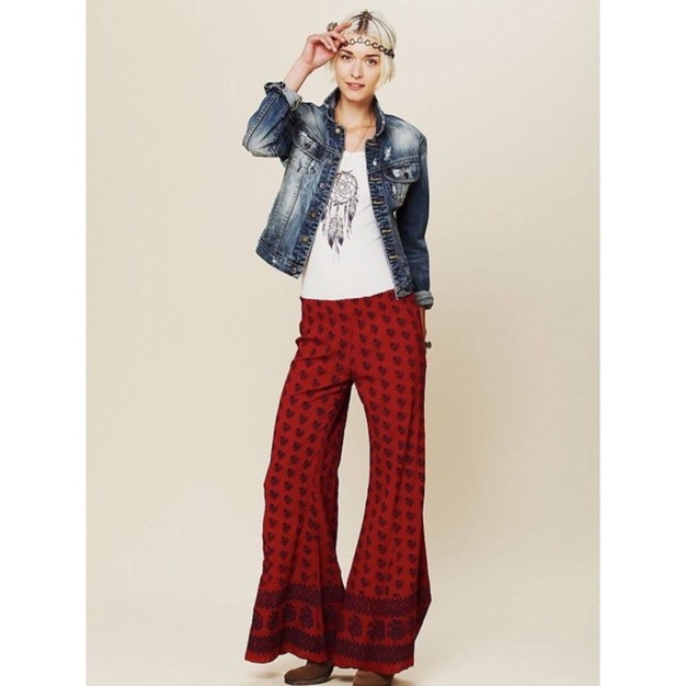 Free People Pacific Trails Red Block Print Flares