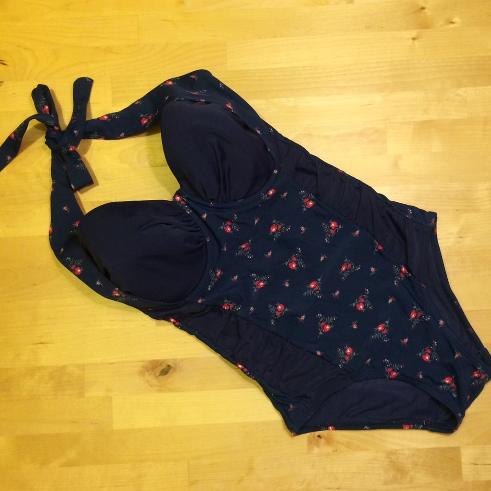 Ruched Floral Navy Pinup Swimsuit