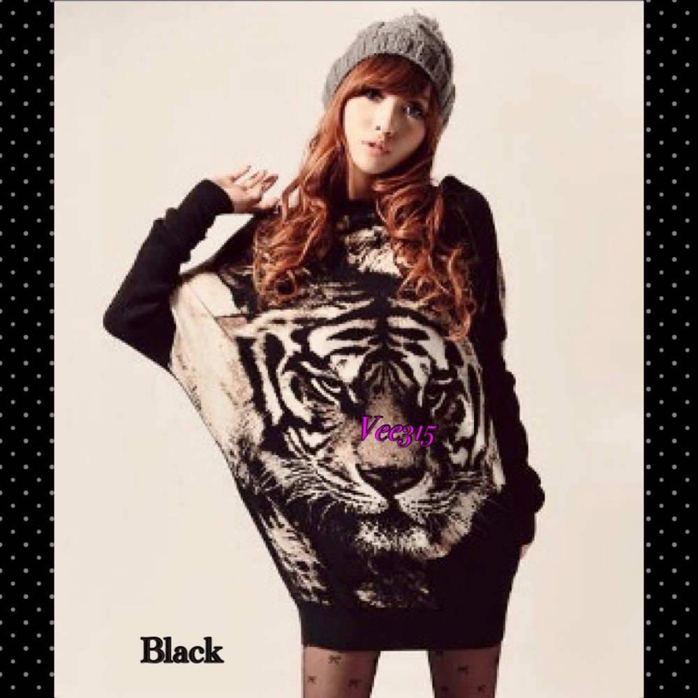 Casual Women Black Tiger Print Crewneck Sweater OS