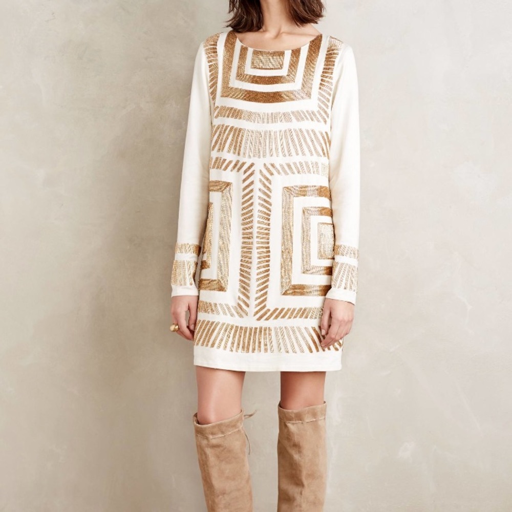 Mara Hoffman Cream Gold Beaded Tunic Mini Dress