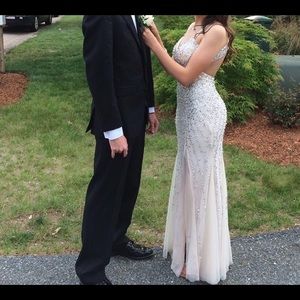 Tan/Ivory/Gold Beaded Prom Dress