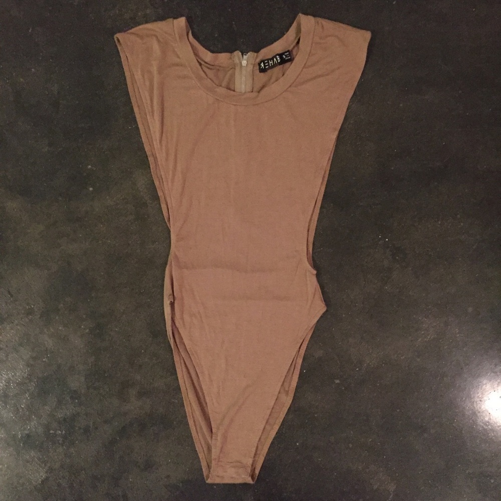 Sexy Tan Rehab Side Cut Out Body Suit with snaps