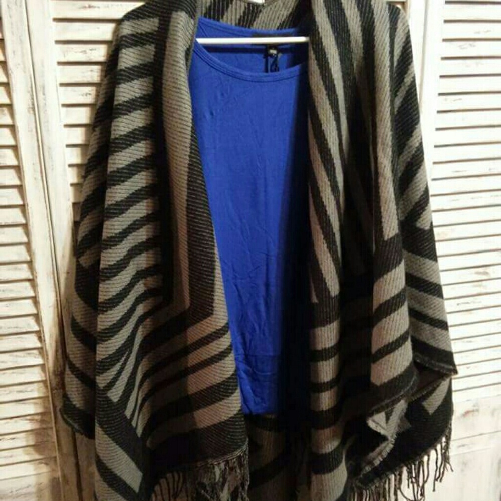 Grey & Black Poncho with Fringe