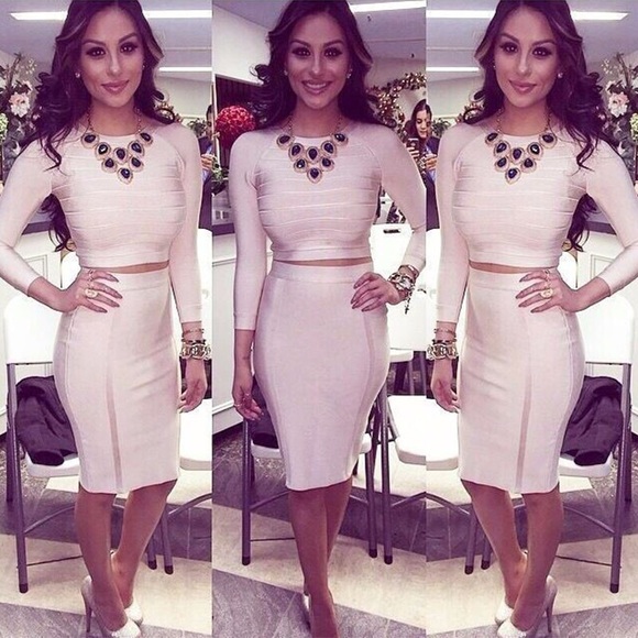 Blush 2 Piece Bandage Crop Top & Mdi Skirt #817 - Picture 4 of 5