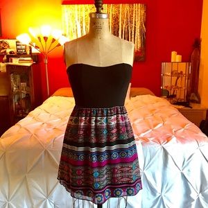 Black & Funky Print Strapless Dress
