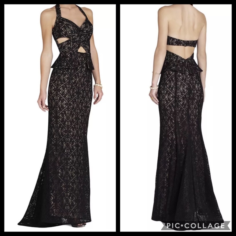 New BCBG Nude Black Lace Full Length Ball Gown