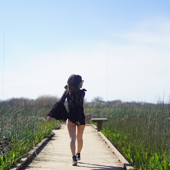 Black Lace Bodysuit with Gorgeous Bell Sleeves - Picture 3 of 4