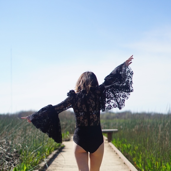 Black Lace Bodysuit with Gorgeous Bell Sleeves - Picture 4 of 4