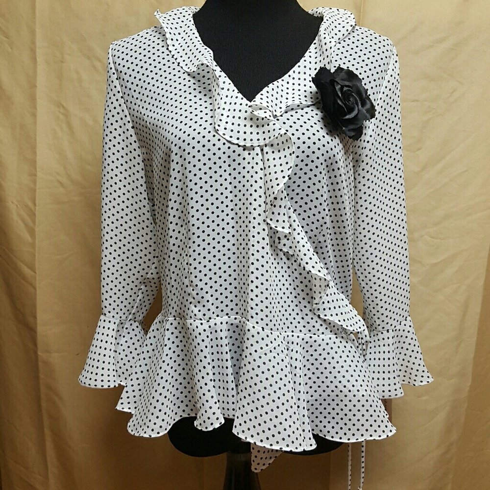 DRESSBARN  Wt/Blk  Polkadot Career Blouce (Sz - L)