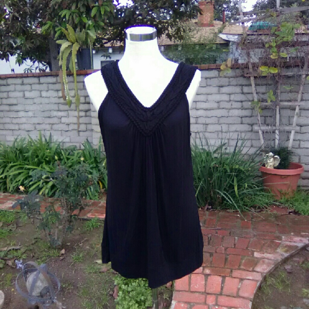 Black tank top with braided yoke. Size L.  NWOT