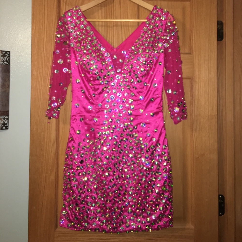 Hand-beaded vibrant pink V neck party dress
