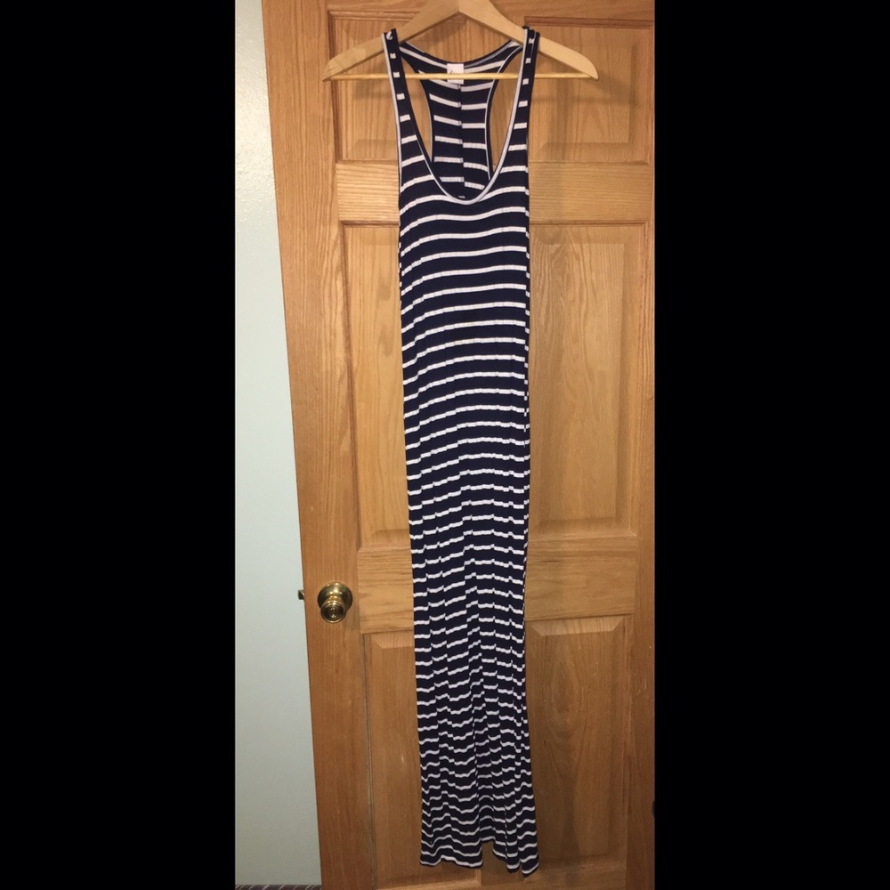 Dark blue with white stripes, maxi dress.