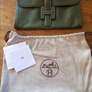 Olive Hermes Jige Leather Clutch
