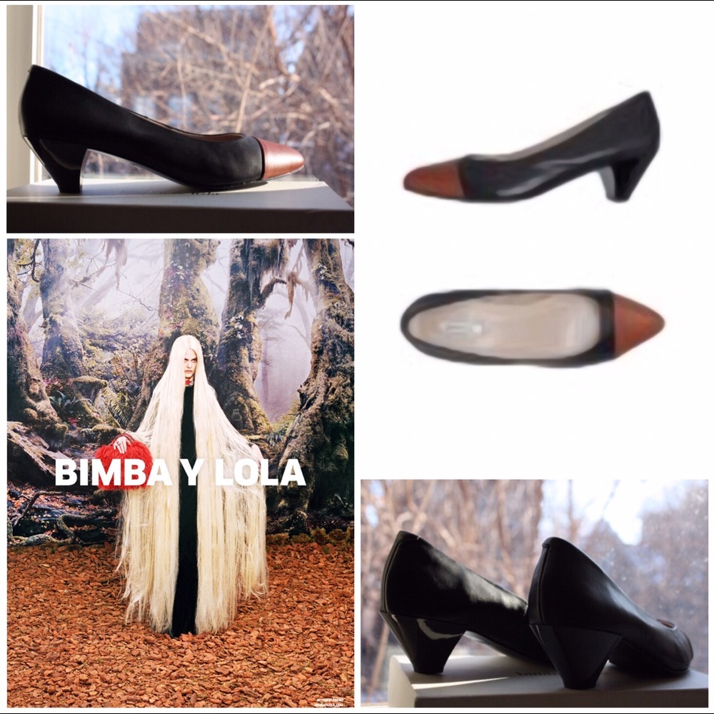 NWT Leather Pointed Cap Toe Heels — Cognac/Black