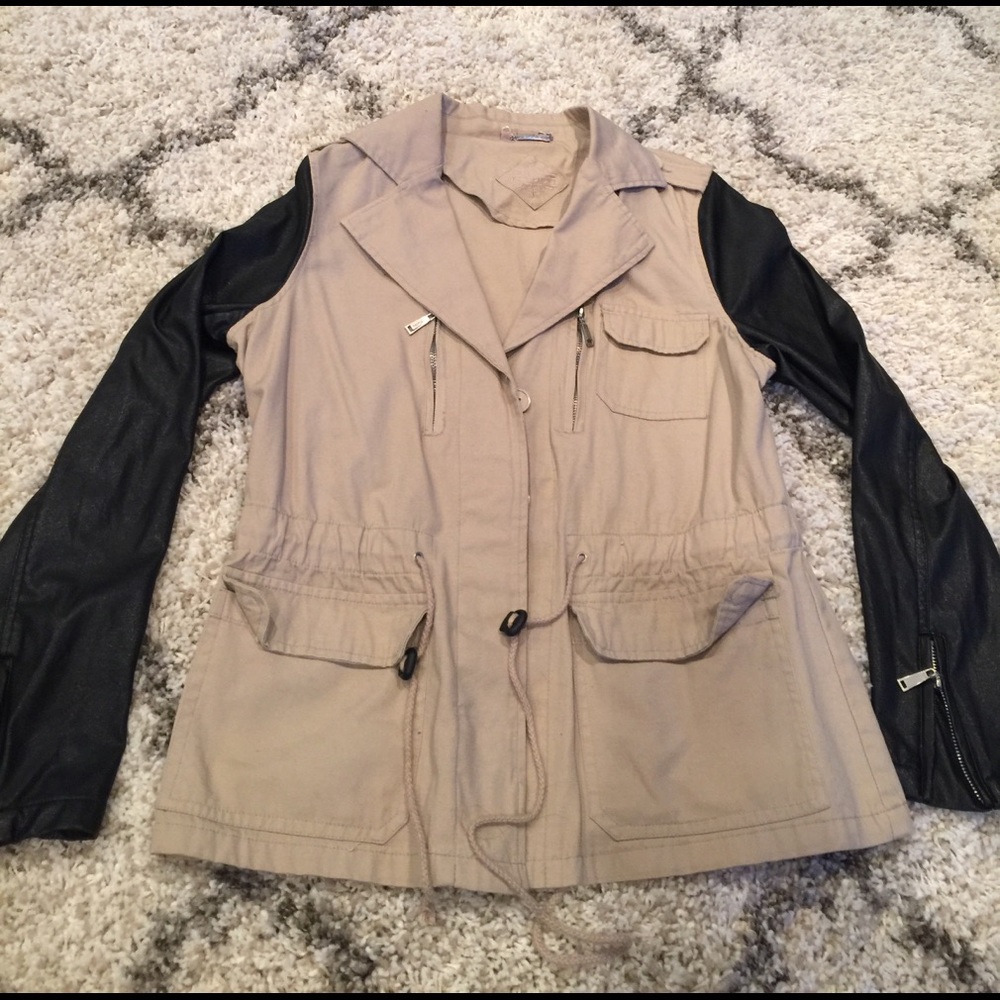 Tan jacket with faux leather sleeves