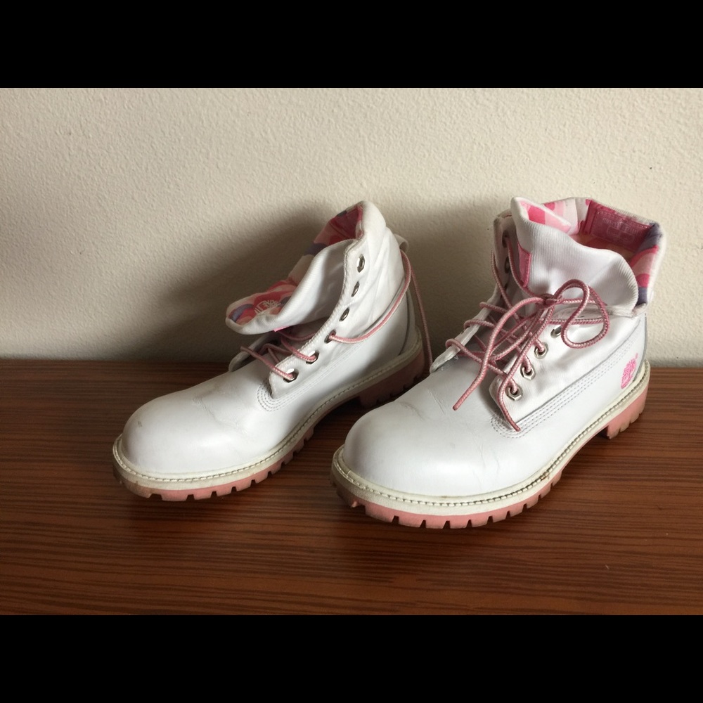 Pink and white leather timberlands