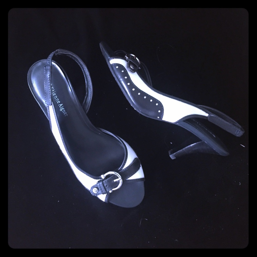 Navy and cream peep toe heels