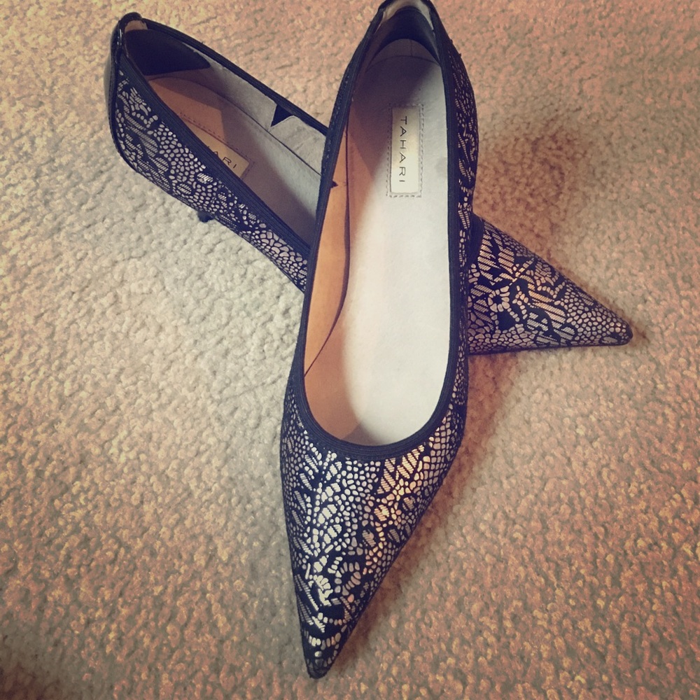 Tahari black pumps with metallic detail