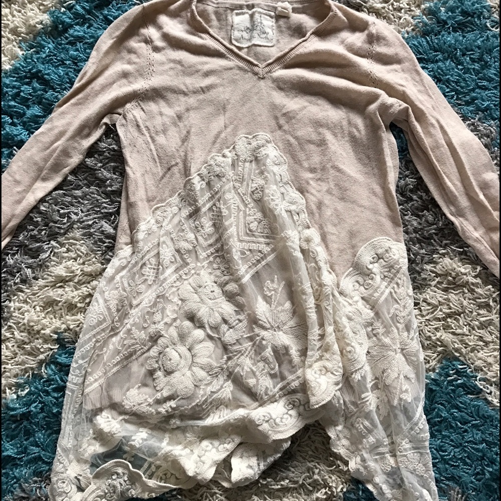 Blush pink asymmetrical lace trim sweater