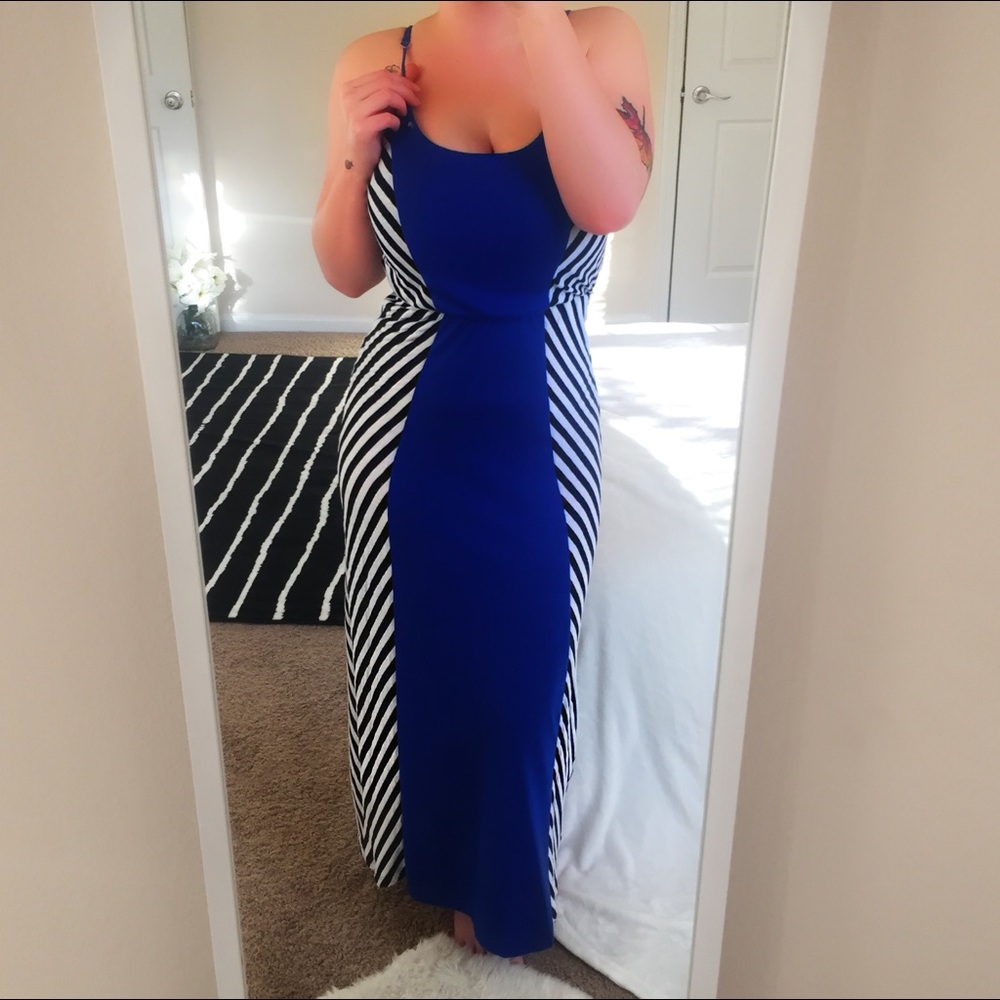 Blue & BW Stripe Maxi Dress