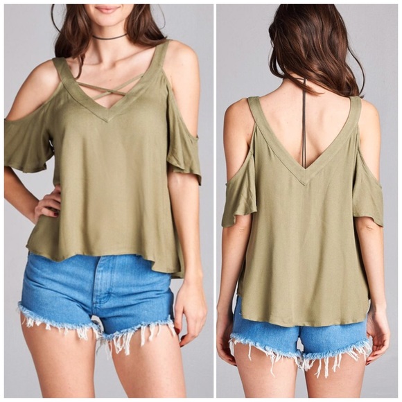 ❗️CLEARANCE ❗️Olive Cold Shoulder Strappy Top - Picture 3 of 4