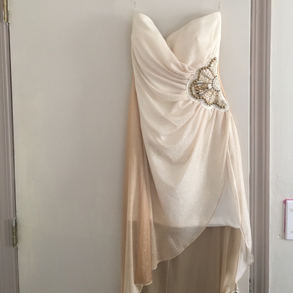 Tan/cream strapless hightlow dress, worn once!