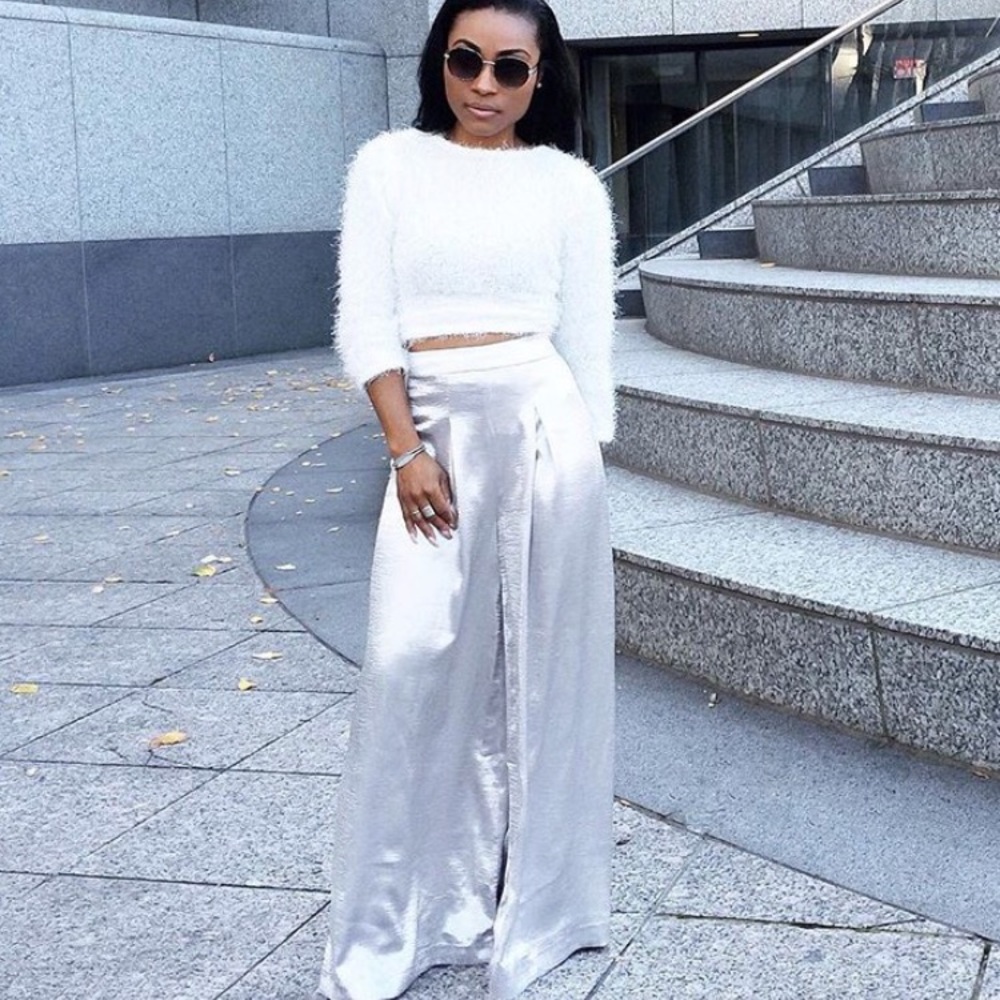 Silver Satin high waist, wide leg pant