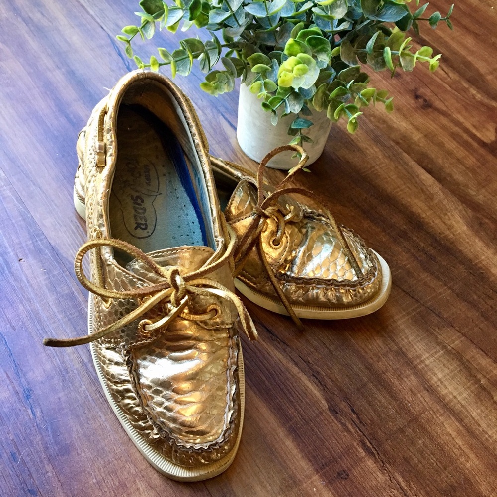 Gold python snake skin sperry boat shoes
