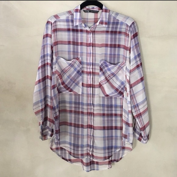 Zara Sheer Plaid Flannel Button Down Shirt - Picture 2 of 4