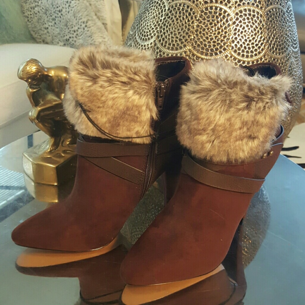 Express brown vegan suede fur cuffed booties