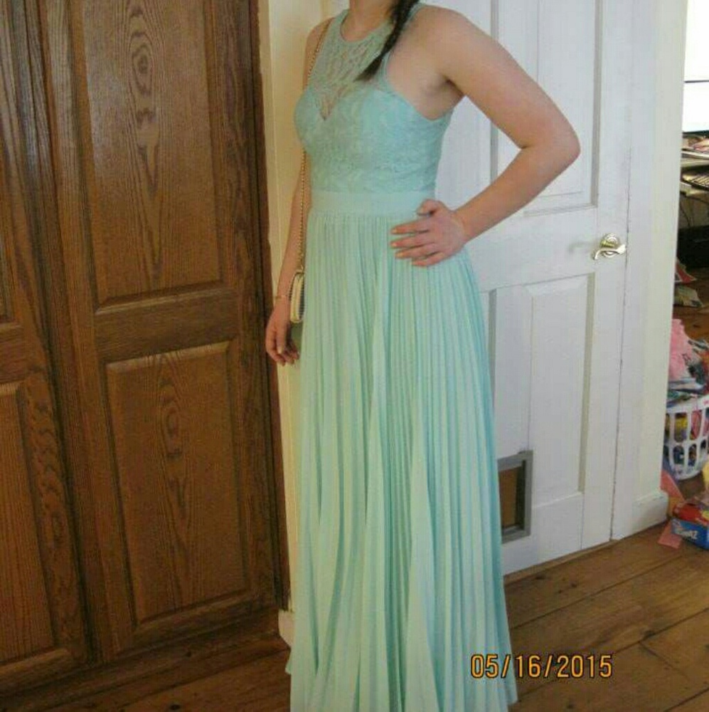 Mint green lace prom dress