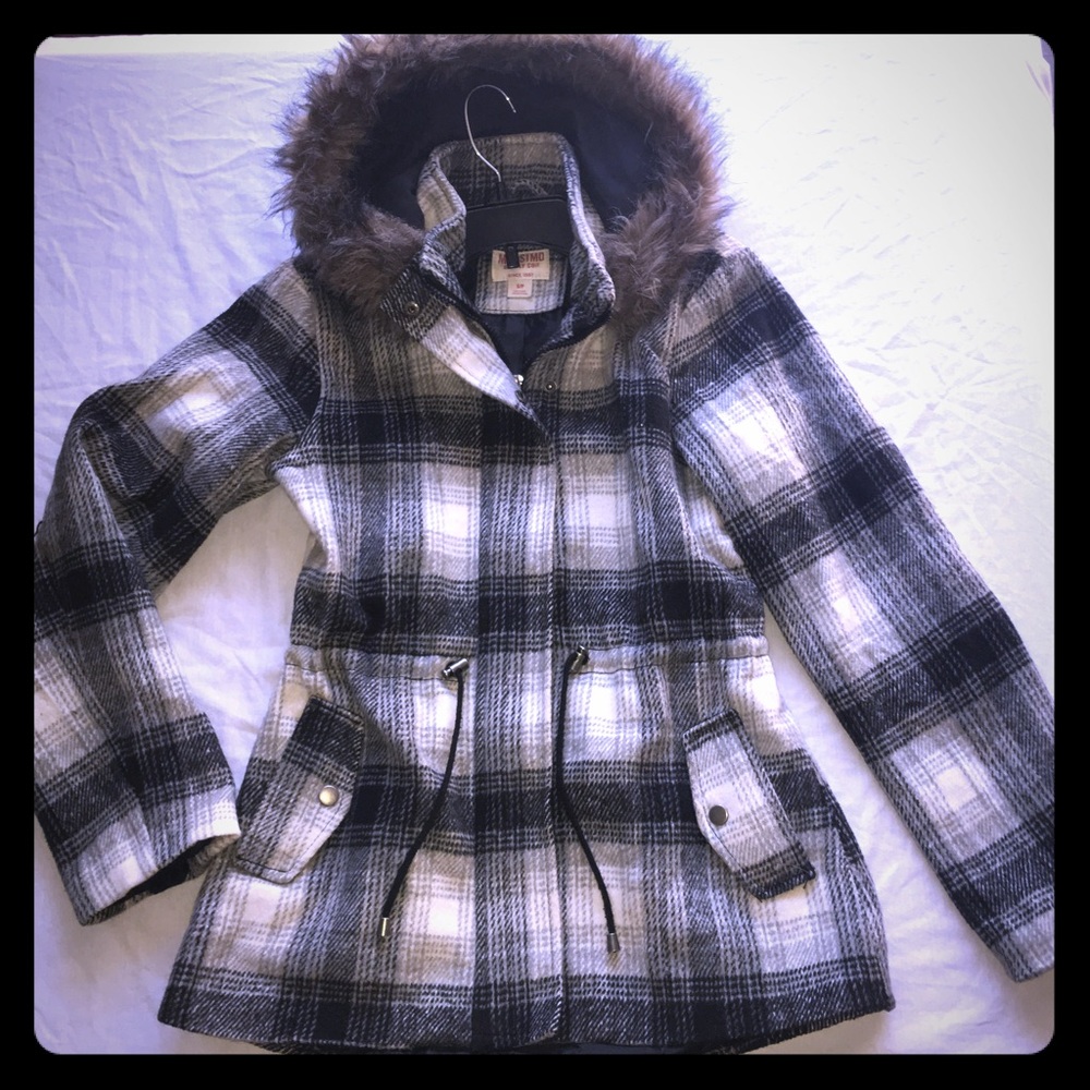 Plaid flannel jacket cinched waist- hood XS