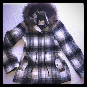 Plaid flannel jacket cinched waist- hood XS