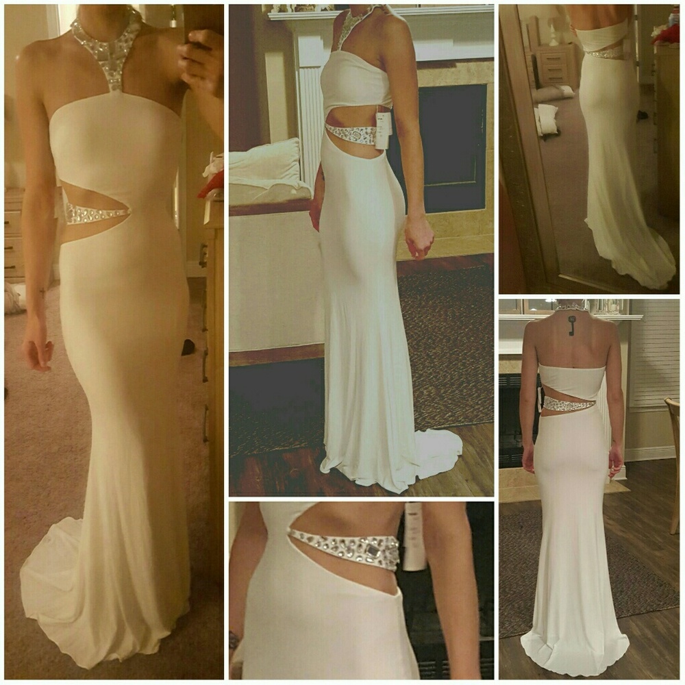NWT white Jovani dress with silver stone accents