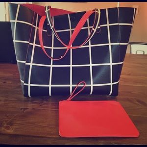 Black and White Tote bag with Coral lining