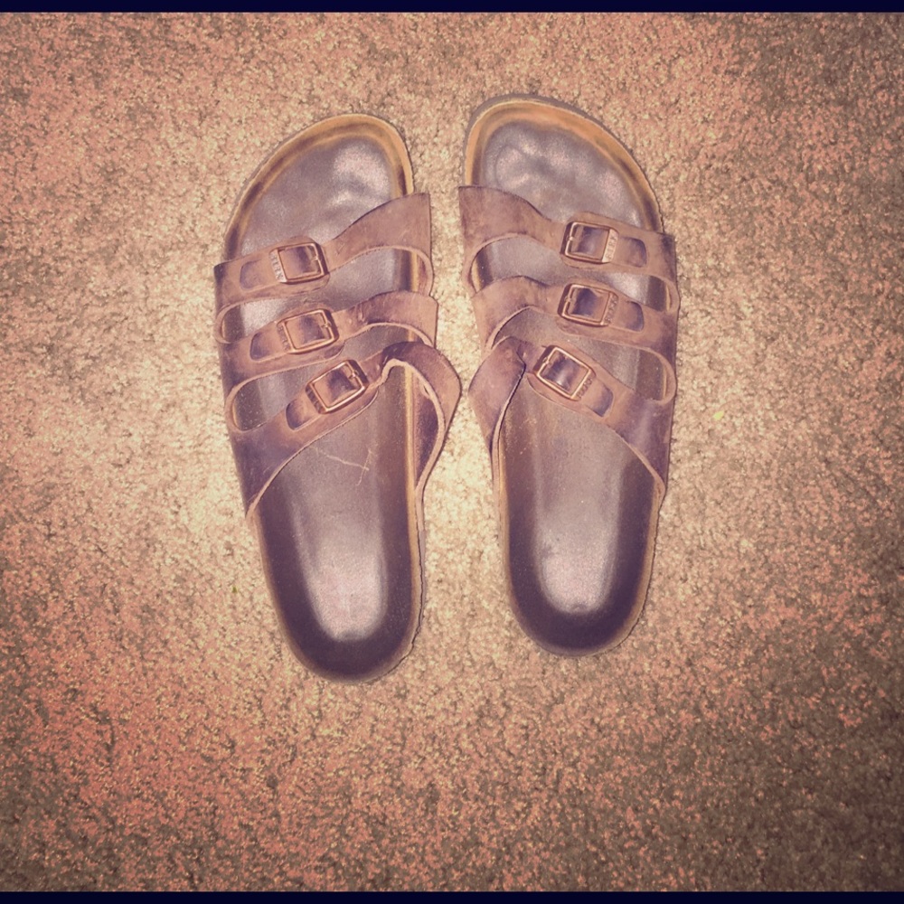 Brown three-strap Birkenstocks
