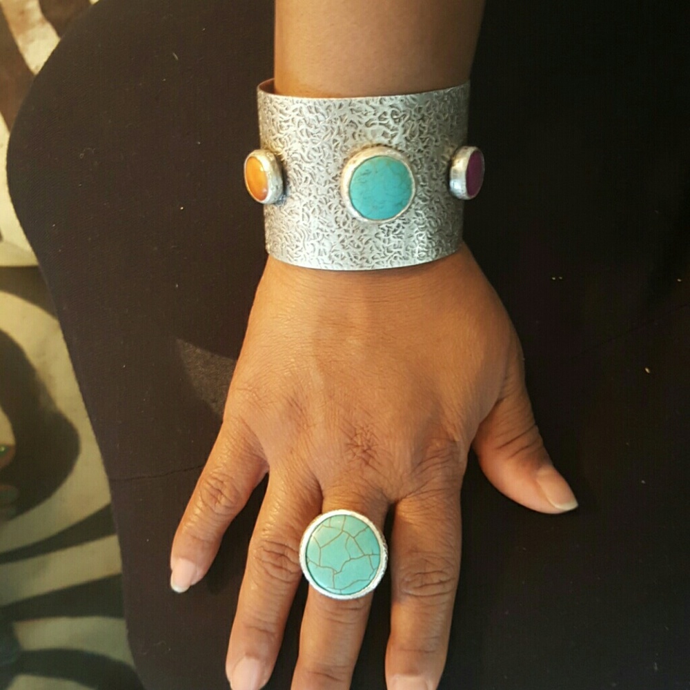 Agate and turquoise bracelet with matching ring